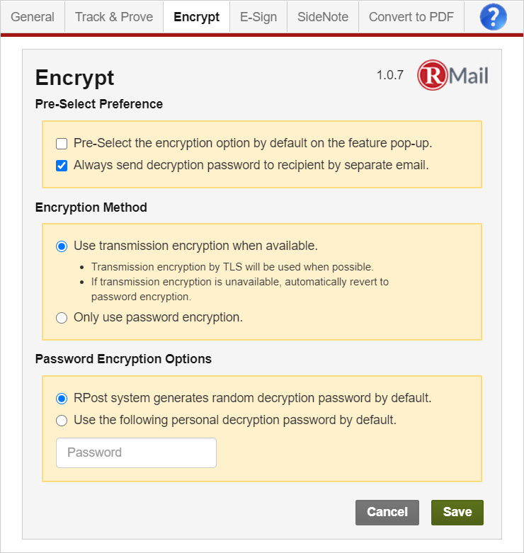 RMail for Gmail - Encrypt Settings